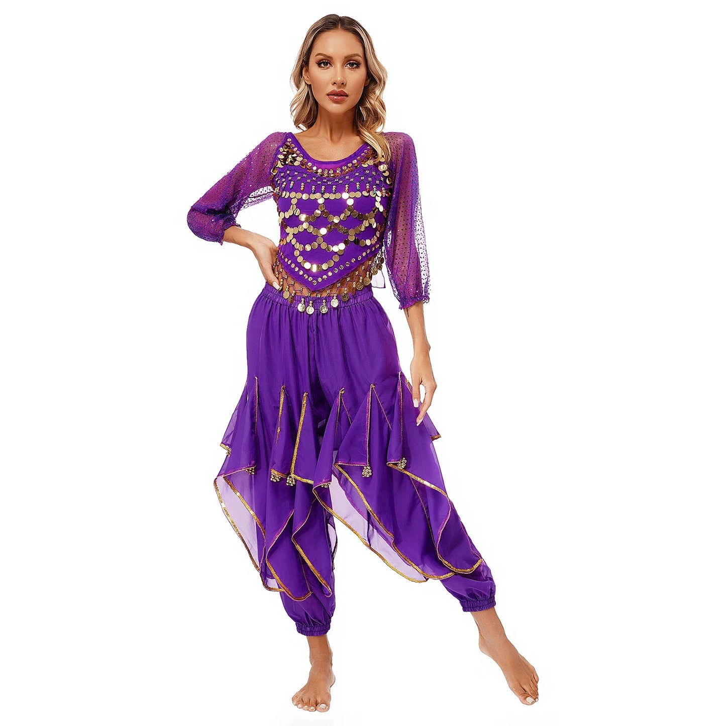 Womens Indian Belly Dance Performance Costume Sequined Long Sleeve Chiffon Tops Self-tie Back Irregular Hem Crop Top with Pants