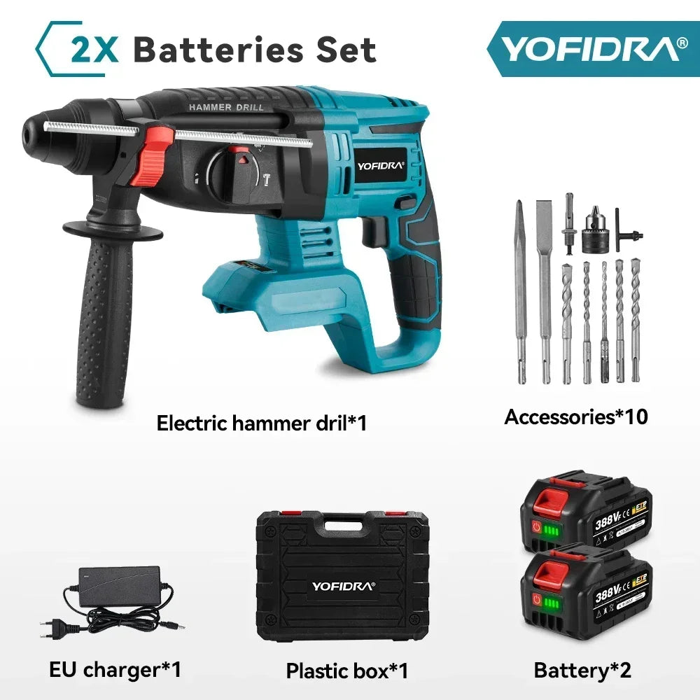 YOFIDRA 26MM Brushless Electric Hammer Drill Multifunctional Rotary Cordless Rechargeable Power Tools For Makita Battery Pin