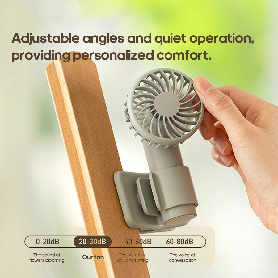 Portable Multifunctional Mini Clip Fan USB Rechargeable 1000mAh 3 Wind Speeds Adjustable Silent Handheld Fan for Travel Umbrella