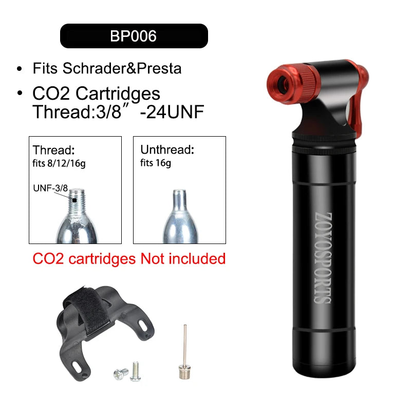 ZOYOSPORTS Bicycle CO2 Inflator Fits Presta Scrader Valve Road MTB Tire Quick Pumping Threaded 16/12/8G Unthreaded 16G Cartridge