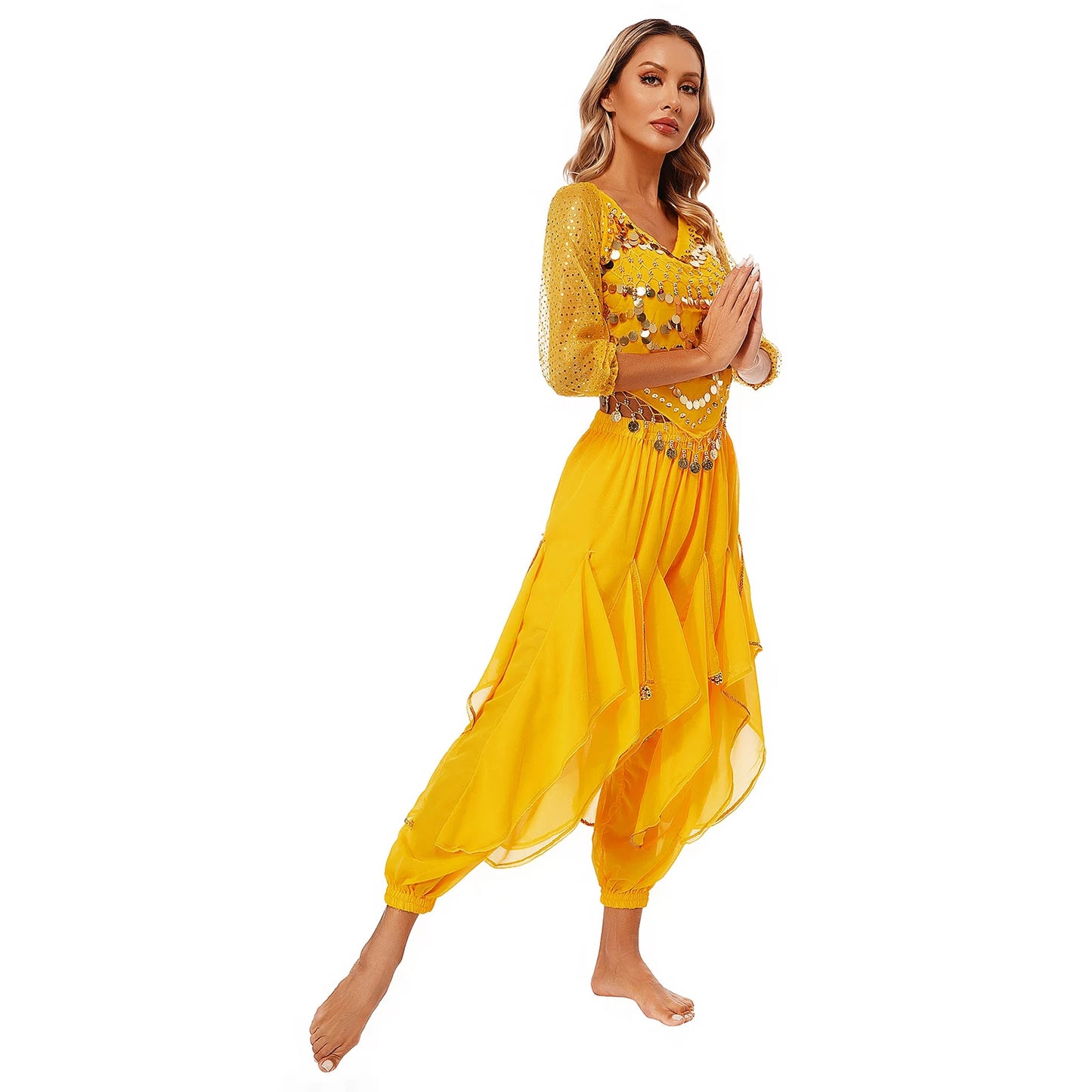 Womens Indian Belly Dance Performance Costume Sequined Long Sleeve Chiffon Tops Self-tie Back Irregular Hem Crop Top with Pants