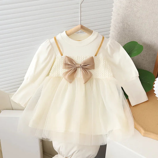 Toddler Baby Dresses For Girls Cotton Long Sleeve Mesh Bow Lace Girls Dress Fashion Princess Clothes For Kids Spring Autumn