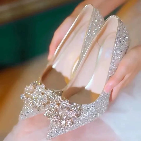 Womens High Heel Shoes Fad Elegant Crystal Pointed Toe Pumps Retro Shallow Mouth Banquet Party Wedding Women Shoes Zapatos Mujer - Belvar