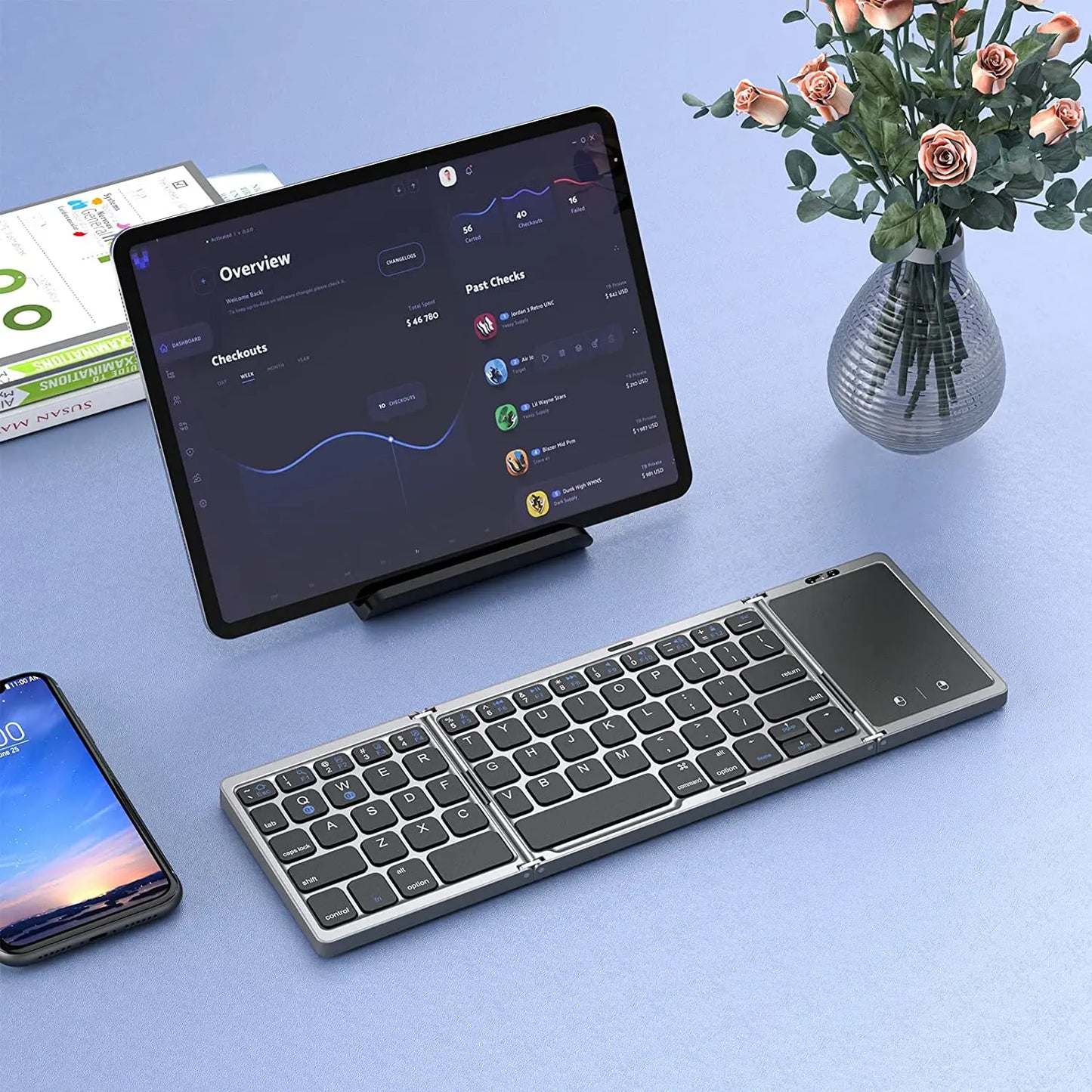 3-Folding Keyboard with Touchpad Dual Bluetooth Keyboard Portable Rechargeable Mini Keyboard for Laptop Windows Android IOS