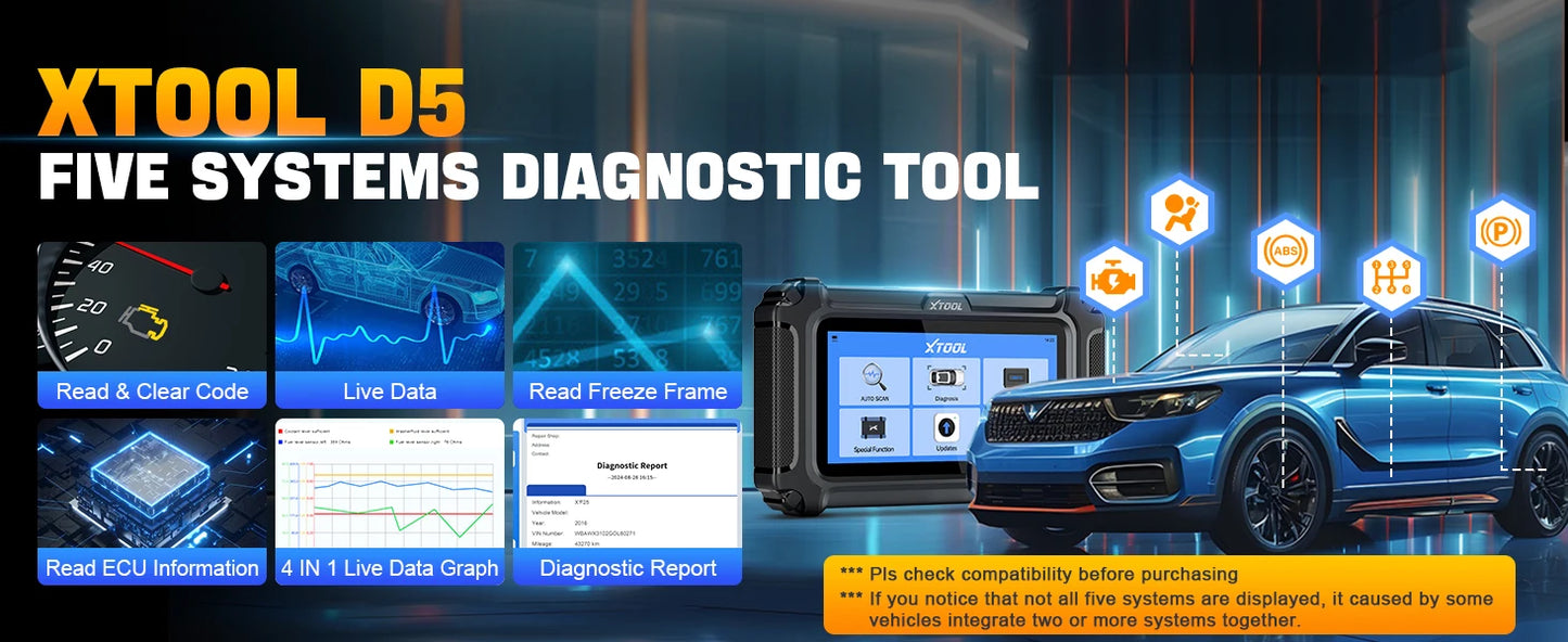 XTOOL D5 Car Diagnostic Tools Gearbox ABS EPB Airbag Engine 5 System Scanner 10 Reset Service OBD2 Scanner Lifetime Free Update
