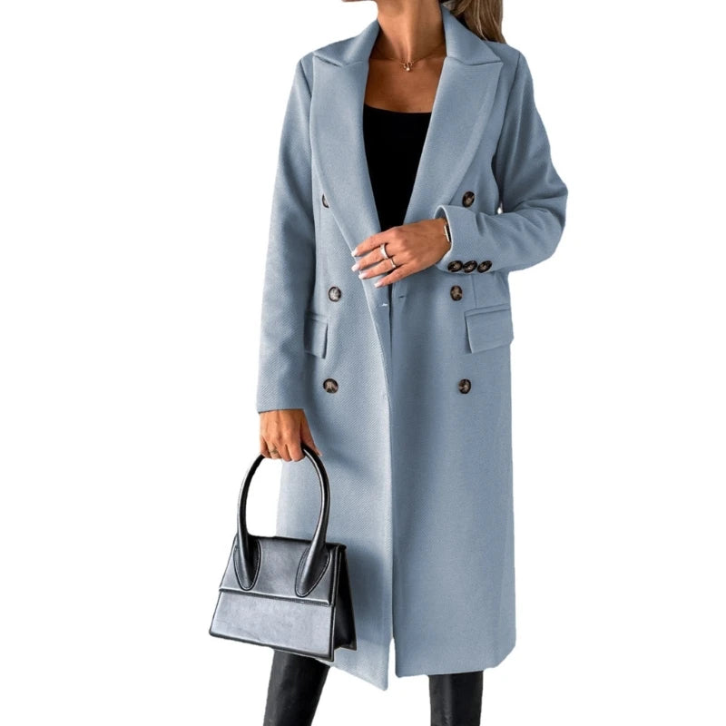 Women Wool Blend Overcoat Jackets Long Sleeve Double Breasted Jackets Coat with Pocket Warm Winter Trench Coat Outerwear