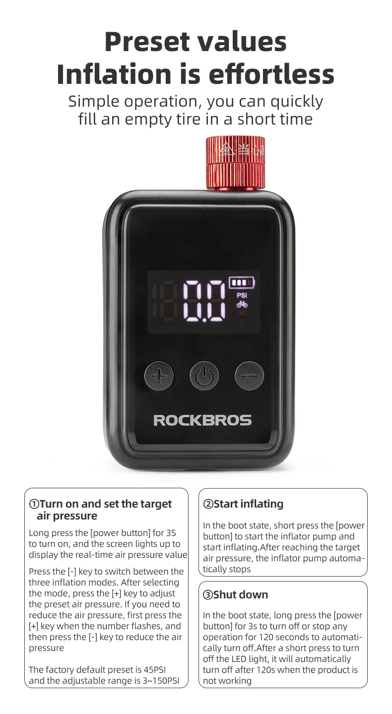 ROCKBROS 150 PSI Portable Pocket Bike Electric Air Pump With Digital Pressure MINI Fast Rechargeable Compressor Tire Inflator