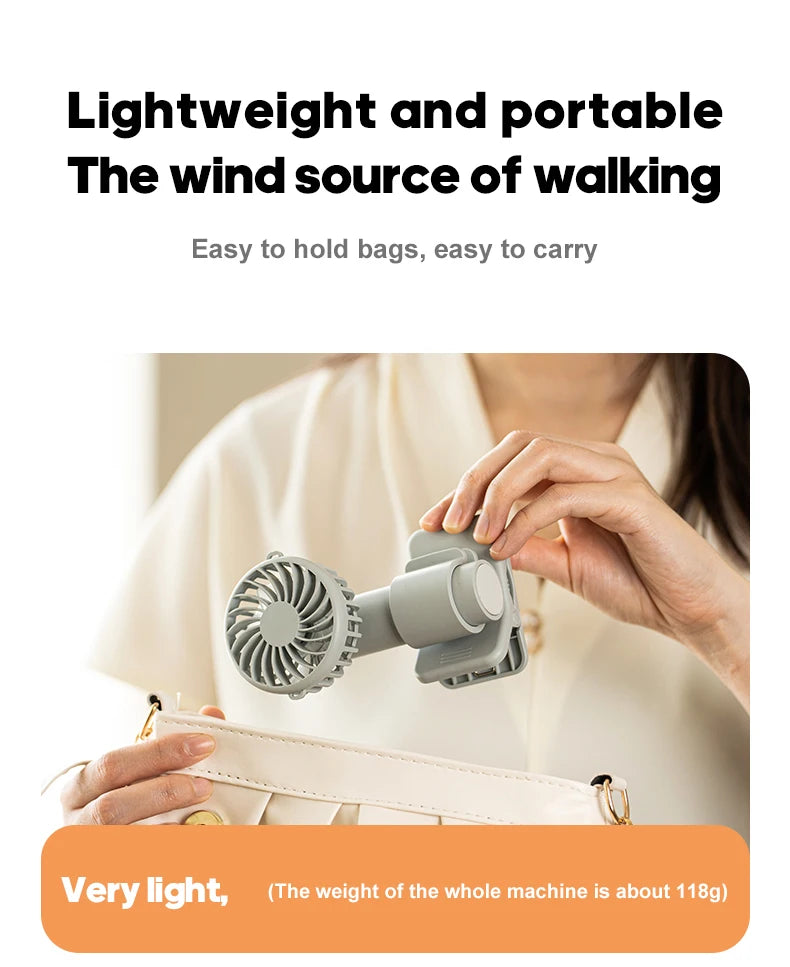 Portable Multifunctional Mini Clip Fan USB Rechargeable 1000mAh 3 Wind Speeds Adjustable Silent Handheld Fan for Travel Umbrella