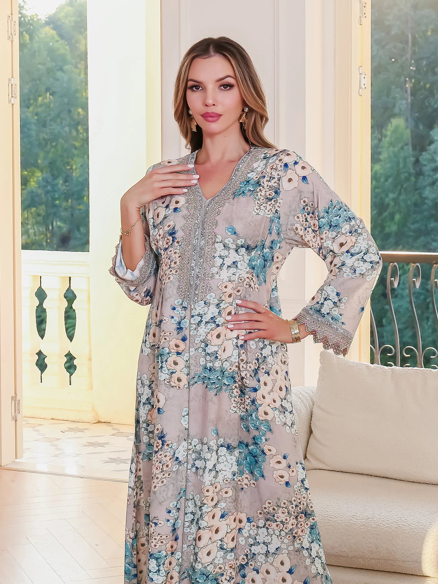 Print Loose Fit Long Sleeve Modest Dress with Rhinestone Accents, Floor-Length Luxury Abaya Gown for Dubai, Weddings & Formal Ev