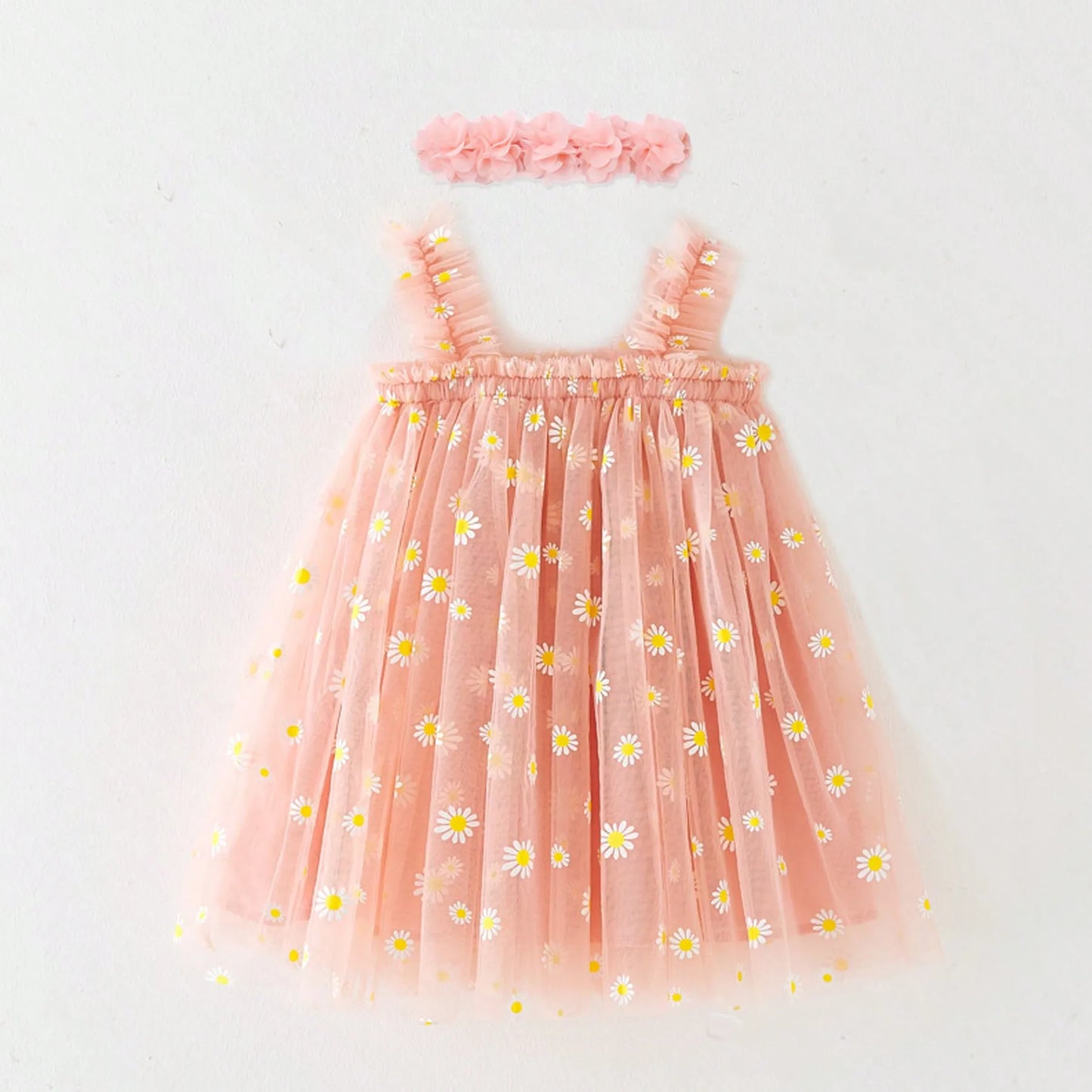 Toddler Baby Girls Tutu Dress Sleeveless Embroidery Floral Print Tulle Dress Little Girl Princess Dresses with Flower Headband