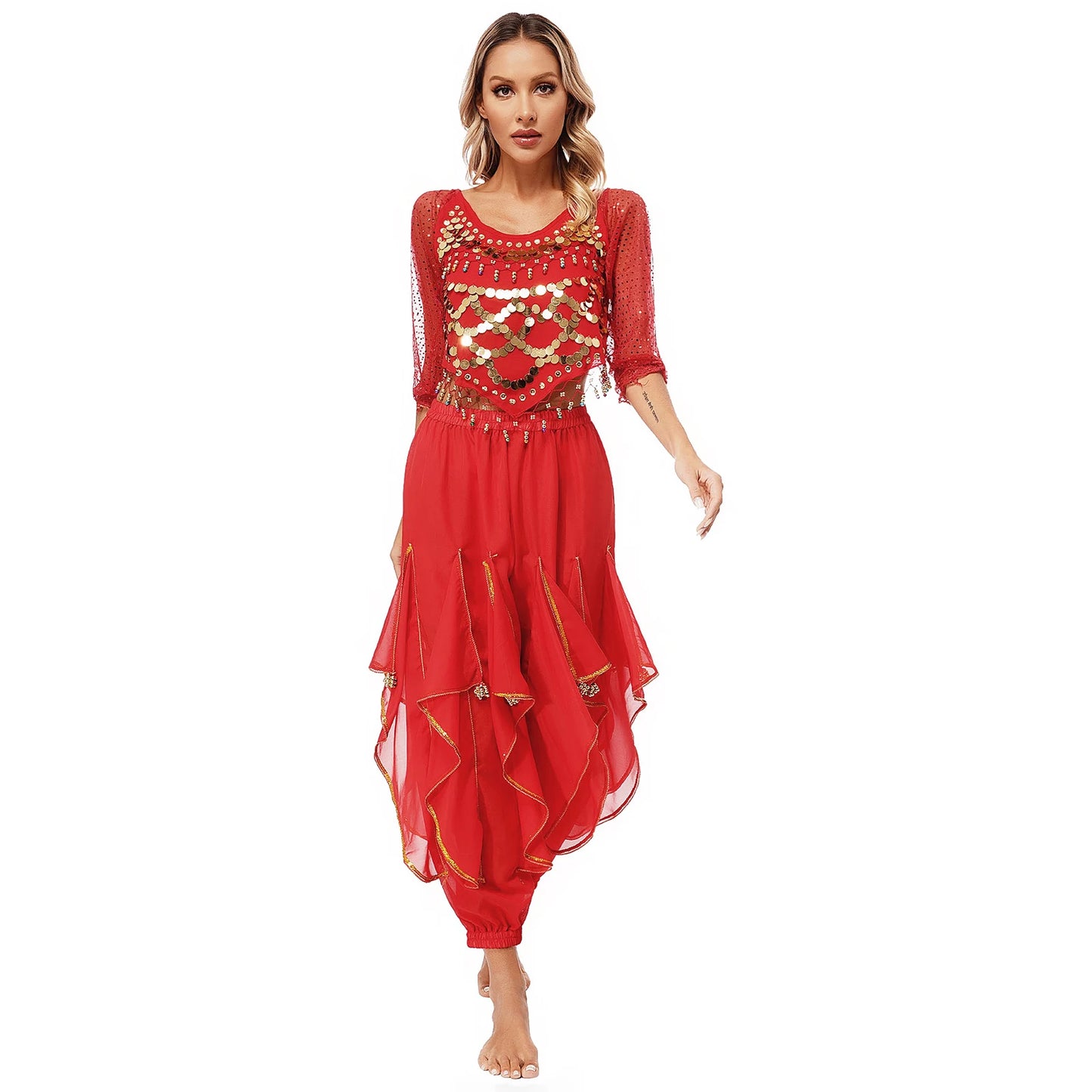 Womens Indian Belly Dance Performance Costume Sequined Long Sleeve Chiffon Tops Self-tie Back Irregular Hem Crop Top with Pants