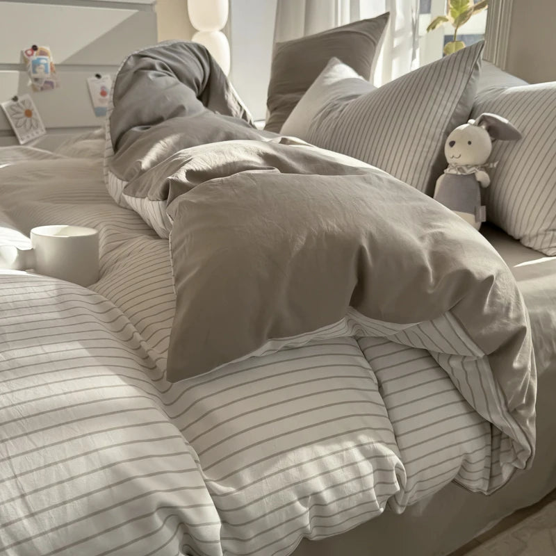 Washed Cotton Duvet Cover Set Quilt Set Ins Nordic Minimalist Style Grey Strip Bed Set Home Textile Bedding Set Bed Sheets 2025