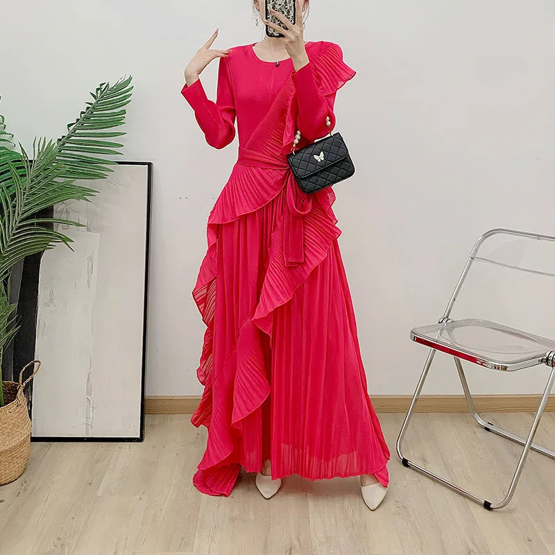 2025 New Dresses Cascading Ruffle Dresses Women Lady Elegant Vintage Pleated Design Ruched Dresses Women Casual