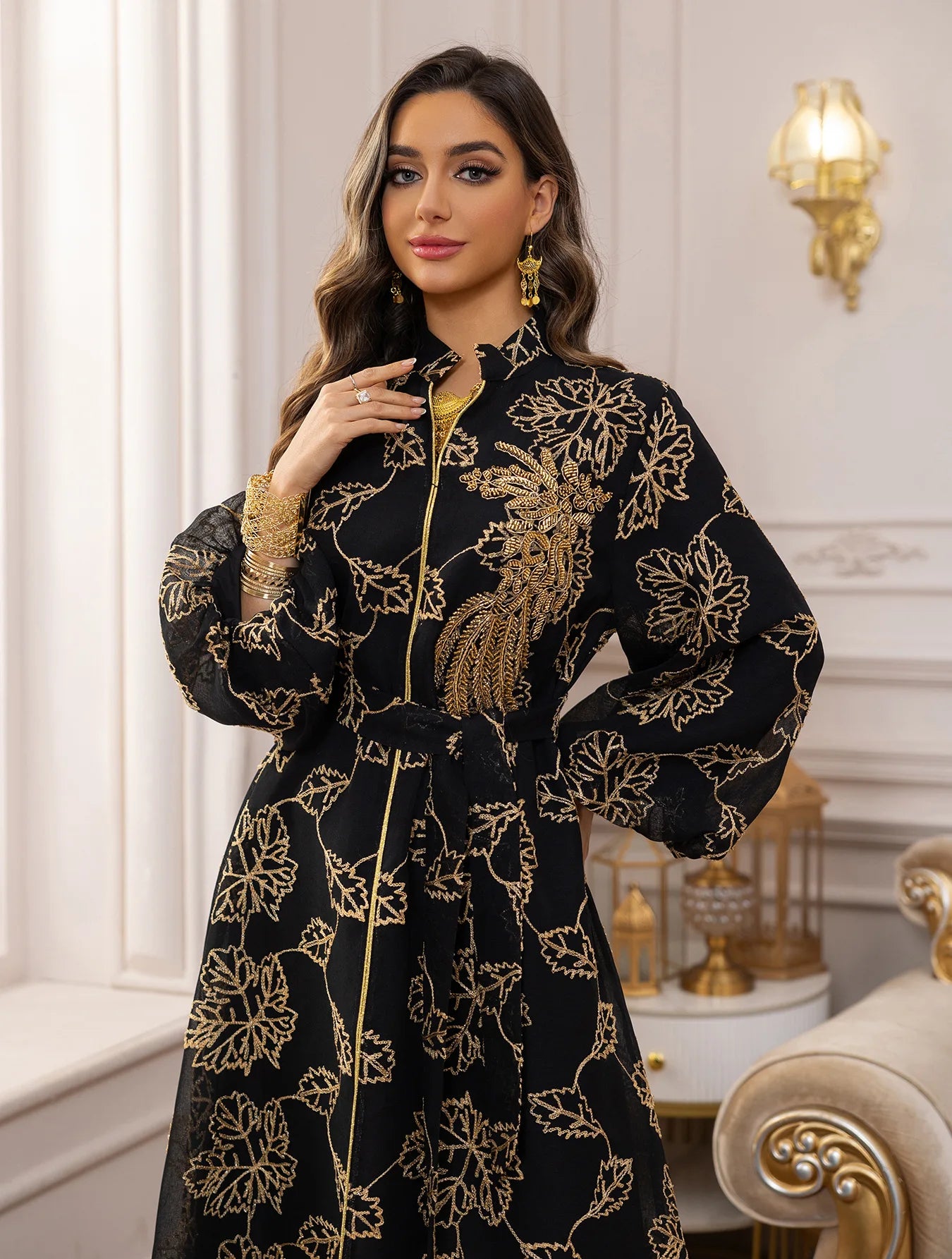 2025 Dubai Luxury Muslim Abaya Gold Floral Embroidered Long Dress Elegant Modest Islam Outerwear for in the MIddle East Women