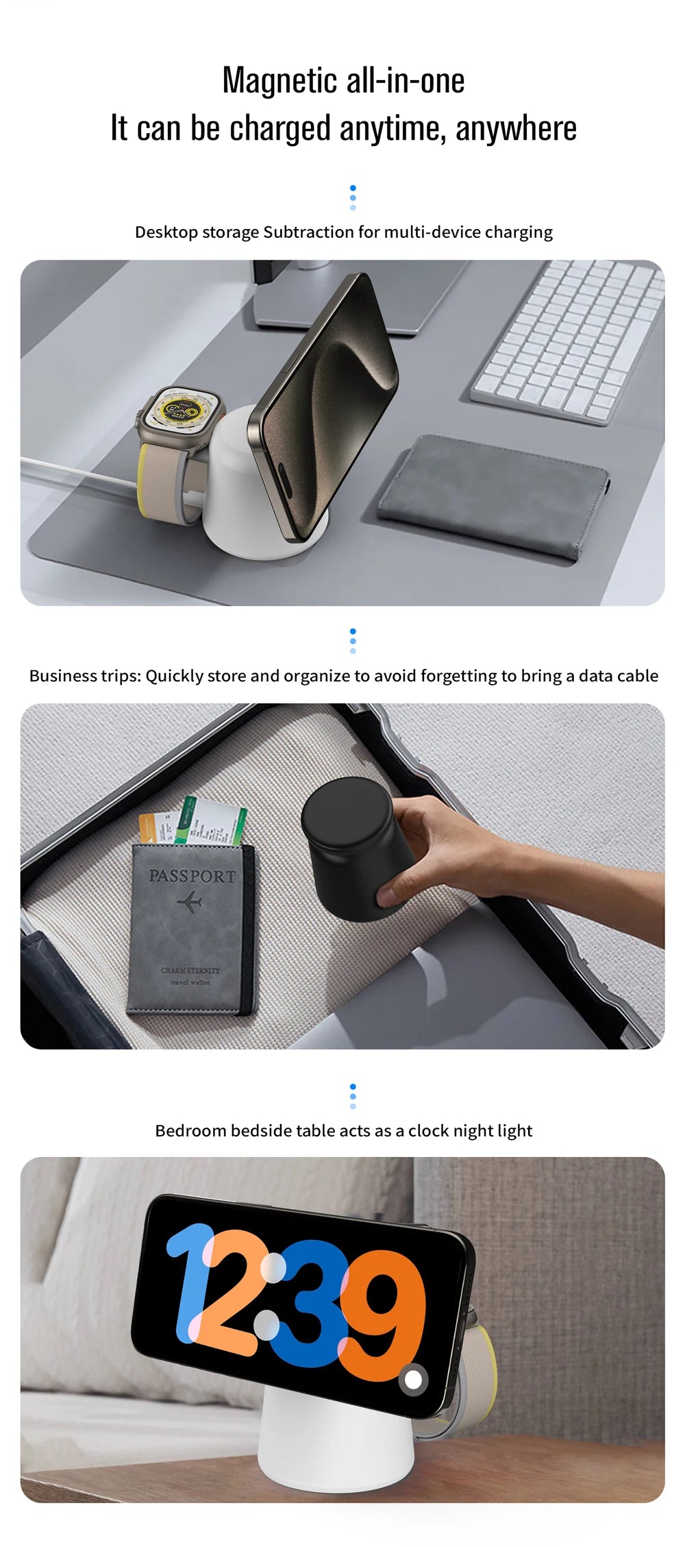 3 in 1 Magnetic Wireless Charger Stand Foldable for iPhone 15 14 13 12 Pro Max Airpods IWatch 9 8 7 6 Fast Charging Dock Station