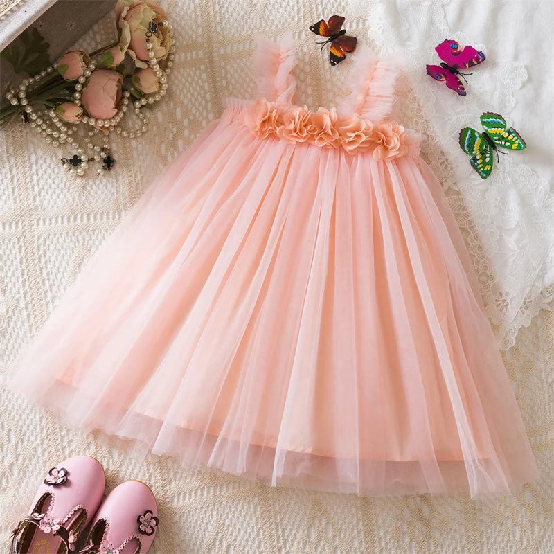 Toddler Girls Princess Dress Children Rainbow Sleeveless Tulle Dress Summer New Baby Birthday Party Vestido Sweet Casual Clothes