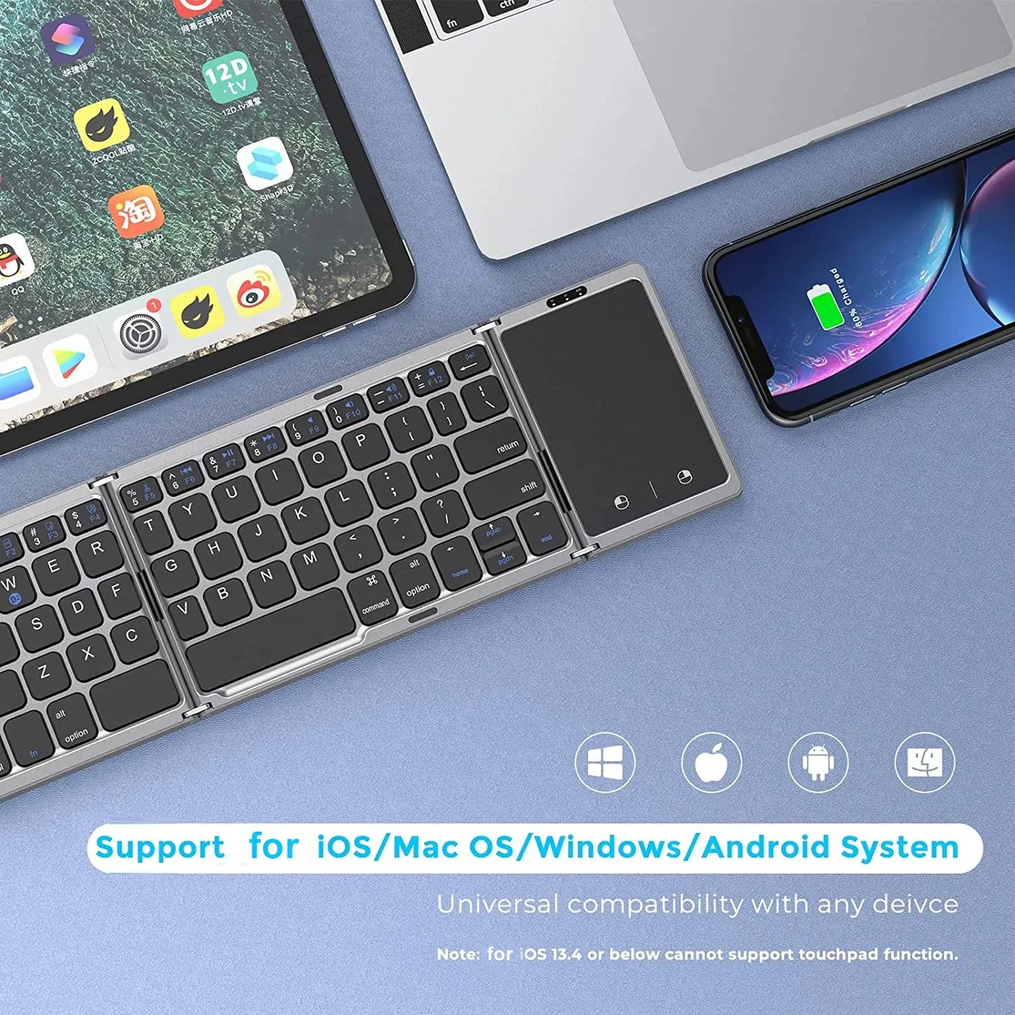 3-Folding Keyboard with Touchpad Dual Bluetooth Keyboard Portable Rechargeable Mini Keyboard for Laptop Windows Android IOS