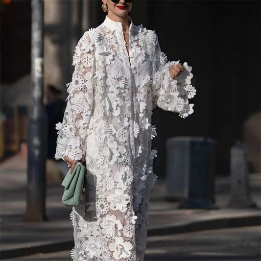 Women's Dress Handmade 3D Embroidered Hollow Design Dress Pure White Dress Elegant Evening Dress Commuter Dress