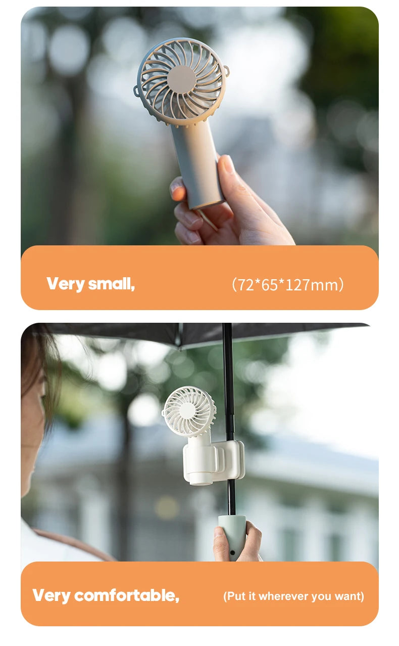 Portable Multifunctional Mini Clip Fan USB Rechargeable 1000mAh 3 Wind Speeds Adjustable Silent Handheld Fan for Travel Umbrella