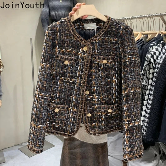 Vintage Jackets 2025 Women Clothing O-neck Long Sleeve Pocket Tweed Temperament Tops Fashion Korean Cropped Coat Y2k Clothes