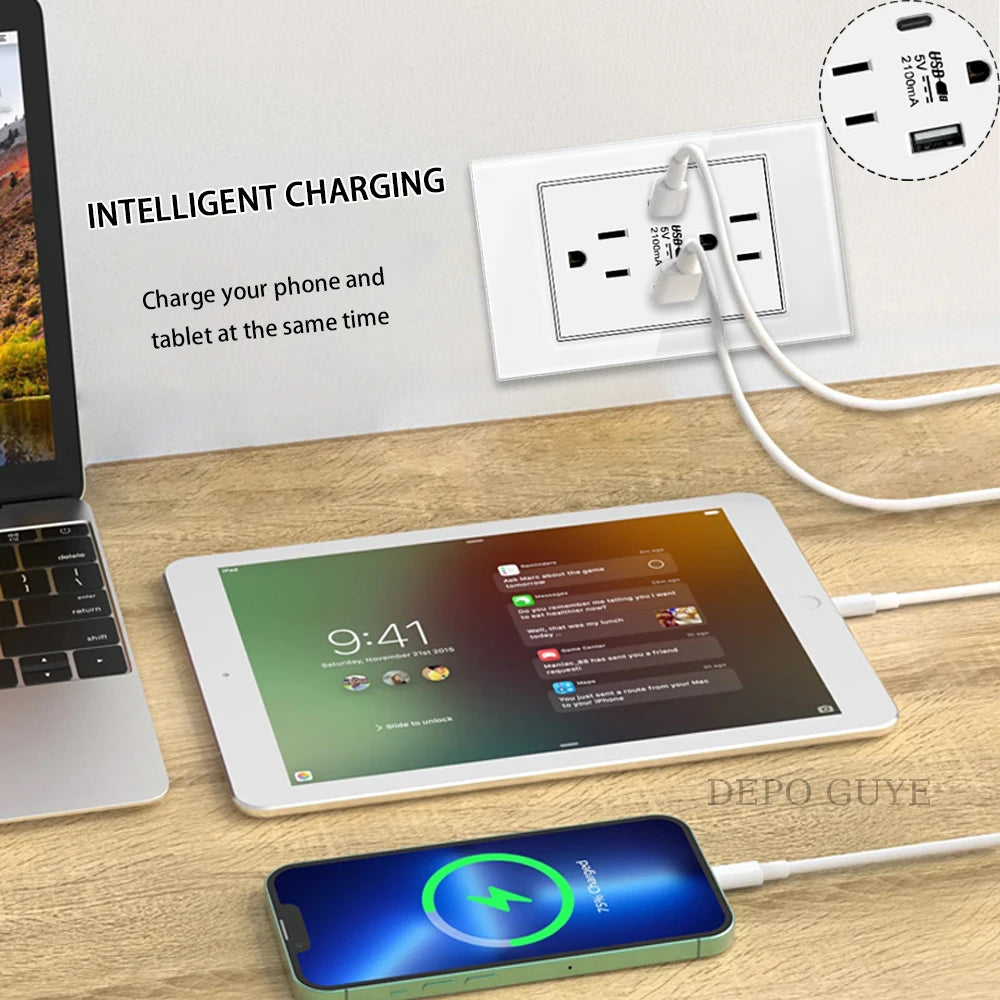 US Wall Switch Power Socket with USB Type-c Quick Charger,American Mexico White Tempered Glass Plug Outlet,Light Switch Panel