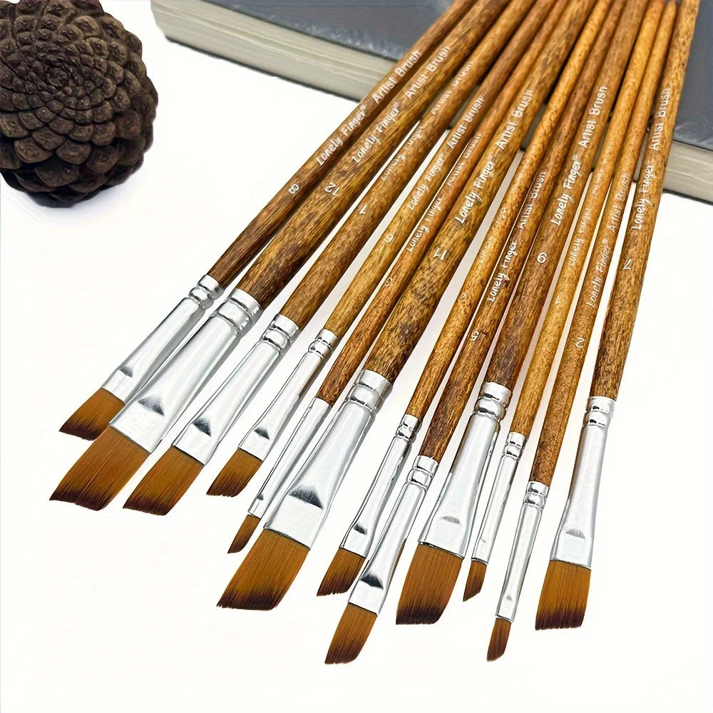 12 Pcs/set Nylon Hair Wooden Handle Watercolor Paint Brush Pen Set Learning DIY Oil Acrylic Painting Art Paint Brushes Supplies