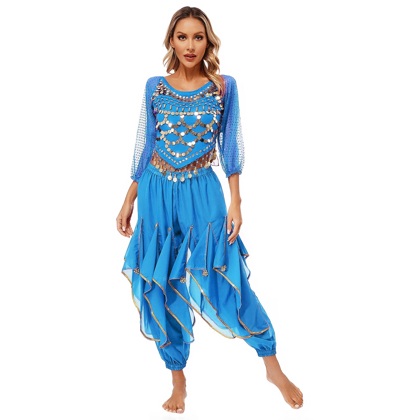 Womens Indian Belly Dance Performance Costume Sequined Long Sleeve Chiffon Tops Self-tie Back Irregular Hem Crop Top with Pants