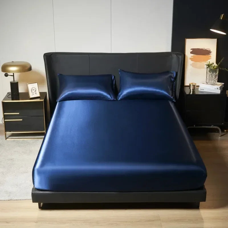 Solid Color Satin Surface Fitted Sheet 1PC Queen Size Bed Sheets 100/120/150/180/200cm Sheet with Elastic Band (No Pillowcase)