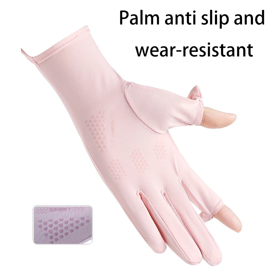 Summer sun protection gloves, anti slip, breathable, UV resistant, touch screen, cool feeling, cycling, outdoor sports, ice silk
