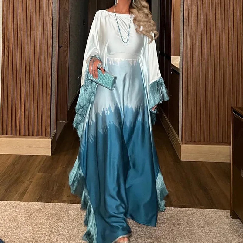 Ramadan Eid Batwing Sleeve Abaya Dubai Luxury 2024 Muslim Maxi Dress Loose Patchwork O Neck Abayas For Women Robe Tassel Vestido