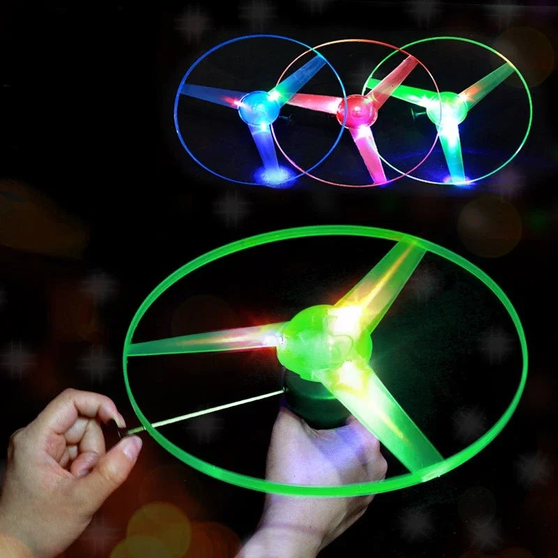 1pc Pull Wire Glow UFO Funny Spinning Flyer Luminous LED Light Handle Top Classic Toys for Kids Outdoor Sport Parent-child Game