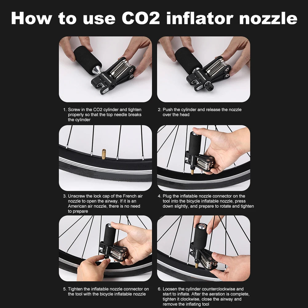 18-in-1 Bicycle CO2 Cylinder Pump Gas Nozzle Schrader & Presta Valve Bike Fast Inflator Inflatable Head for Mountain Road Bikes