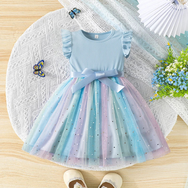 Toddler Girls Princess Dress Children Rainbow Sleeveless Tulle Dress Summer New Baby Birthday Party Vestido Sweet Casual Clothes