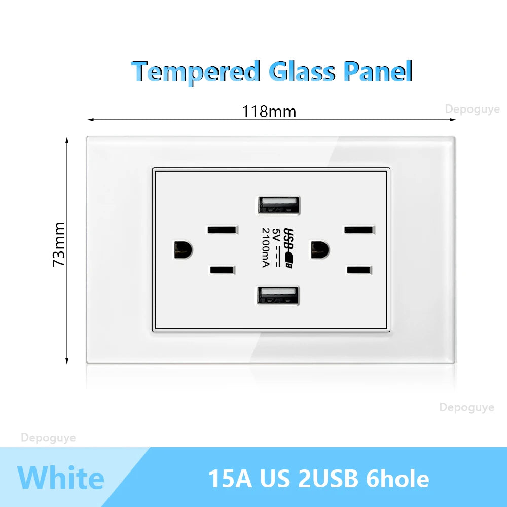 US Wall Switch Power Socket with USB Type-c Quick Charger,American Mexico White Tempered Glass Plug Outlet,Light Switch Panel