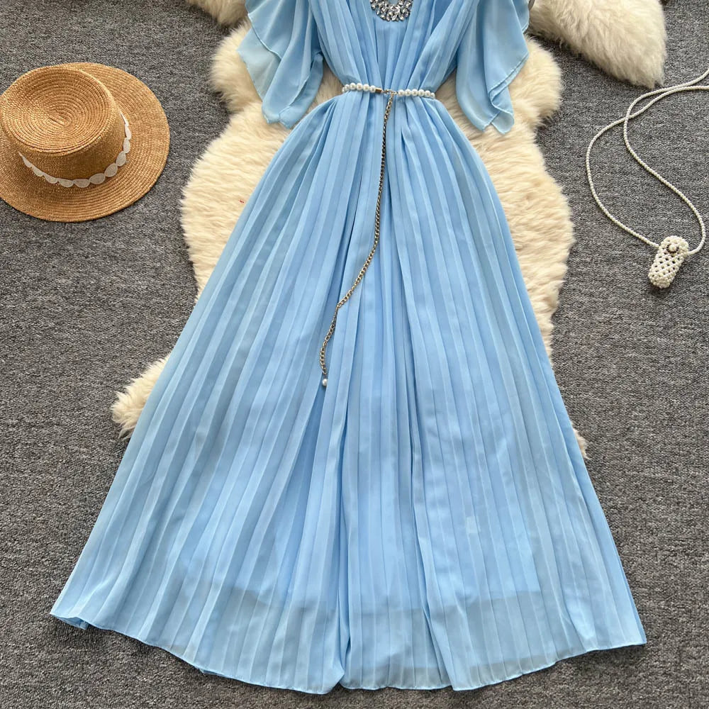 Women Dress Long Dresses Gown Party Night A Line Vestidos Round Neck Ruffles Sleeve Elegant Splice Y2k Streetwear Slim Fit