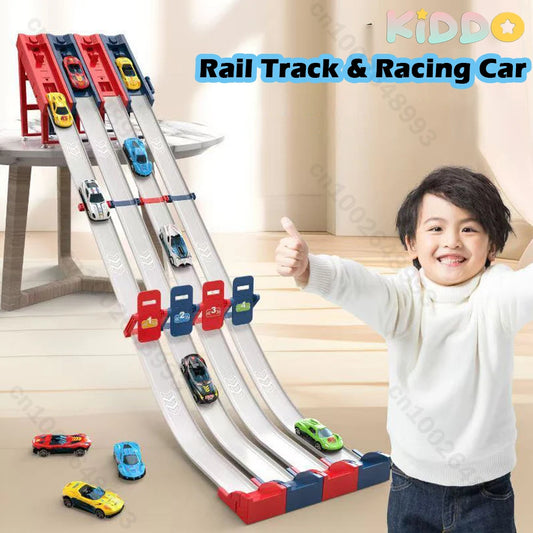 Rail Car Track with Racing Track Racing Set Toy Vehicle Alloy Car Kids Catapult Car Competitive Play Game for Children Gift DIY