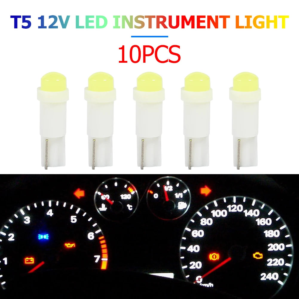 10pcs T5 3D COB LED Car Instrument Cluster Lamp Indicator Reading Light Bulbs Color Temperature 6,000K Brightness 120LM