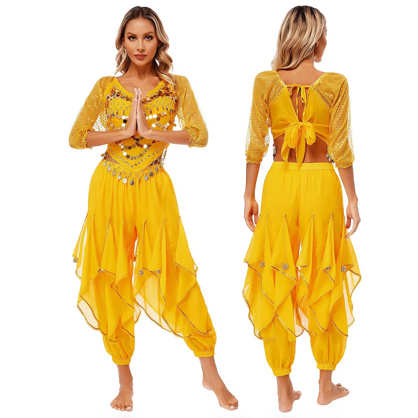 Womens Indian Belly Dance Performance Costume Sequined Long Sleeve Chiffon Tops Self-tie Back Irregular Hem Crop Top with Pants