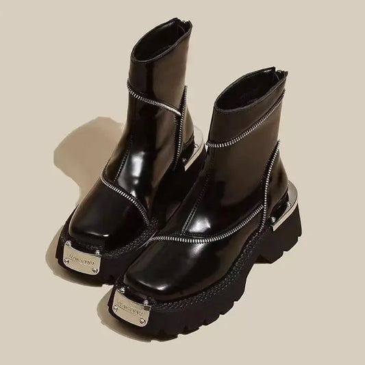 High Quality Black Shoes for Women Platform Boots Street Round Toe Ladies Shoes Non-slip Thick-soled Goth Boots Zapatos De Mujer - Belvar