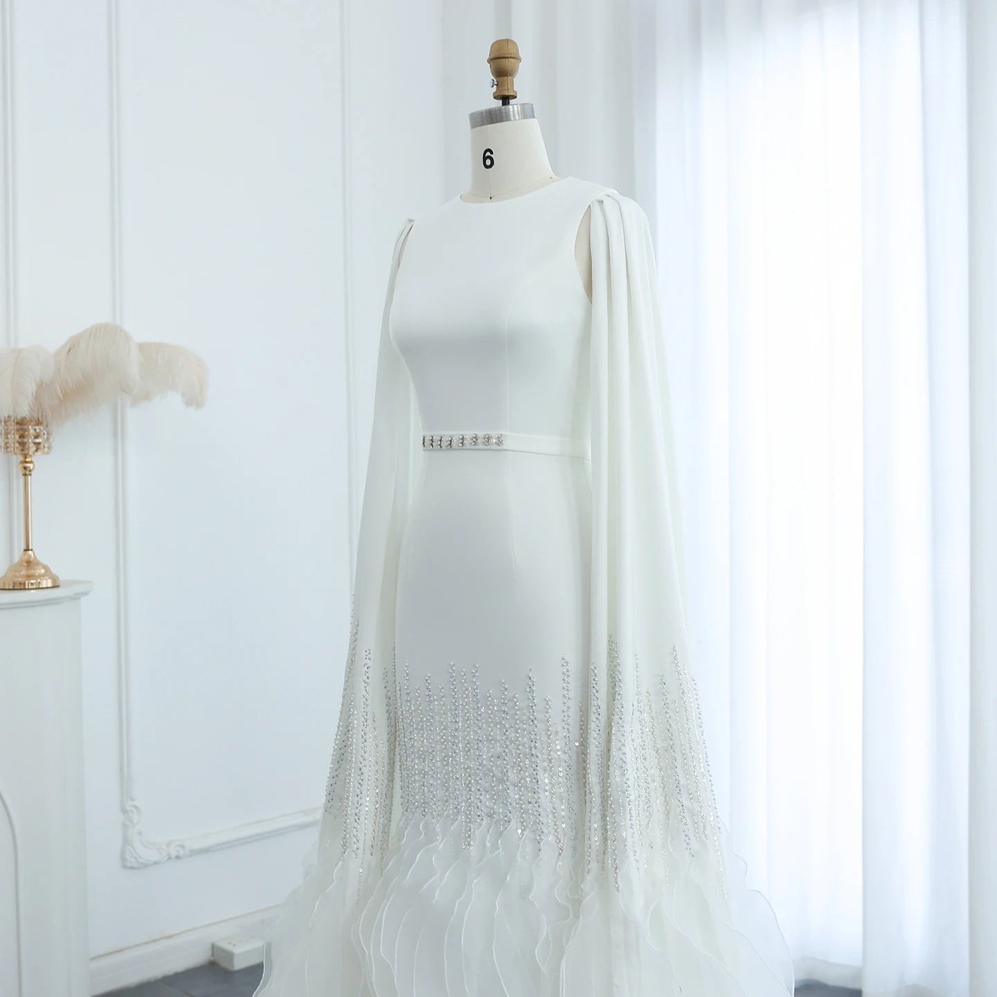 Sharon Said Luxury Dubai Nude Evening Dresses with Cape Sleeves Tiered Ruffles Arabic Women Wedding Party Gowns SS440 Customized