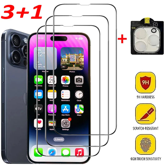 3+1 Screen Protector For iPhone 17 16e 16 15 14 13 Pro Max Tempered Glass For iPhone 16 15 14 Plus Protector Pantalla iPhone 11 13 12 Mini Pelicula Cristal templado iPhone 16e Camera Lens Film
