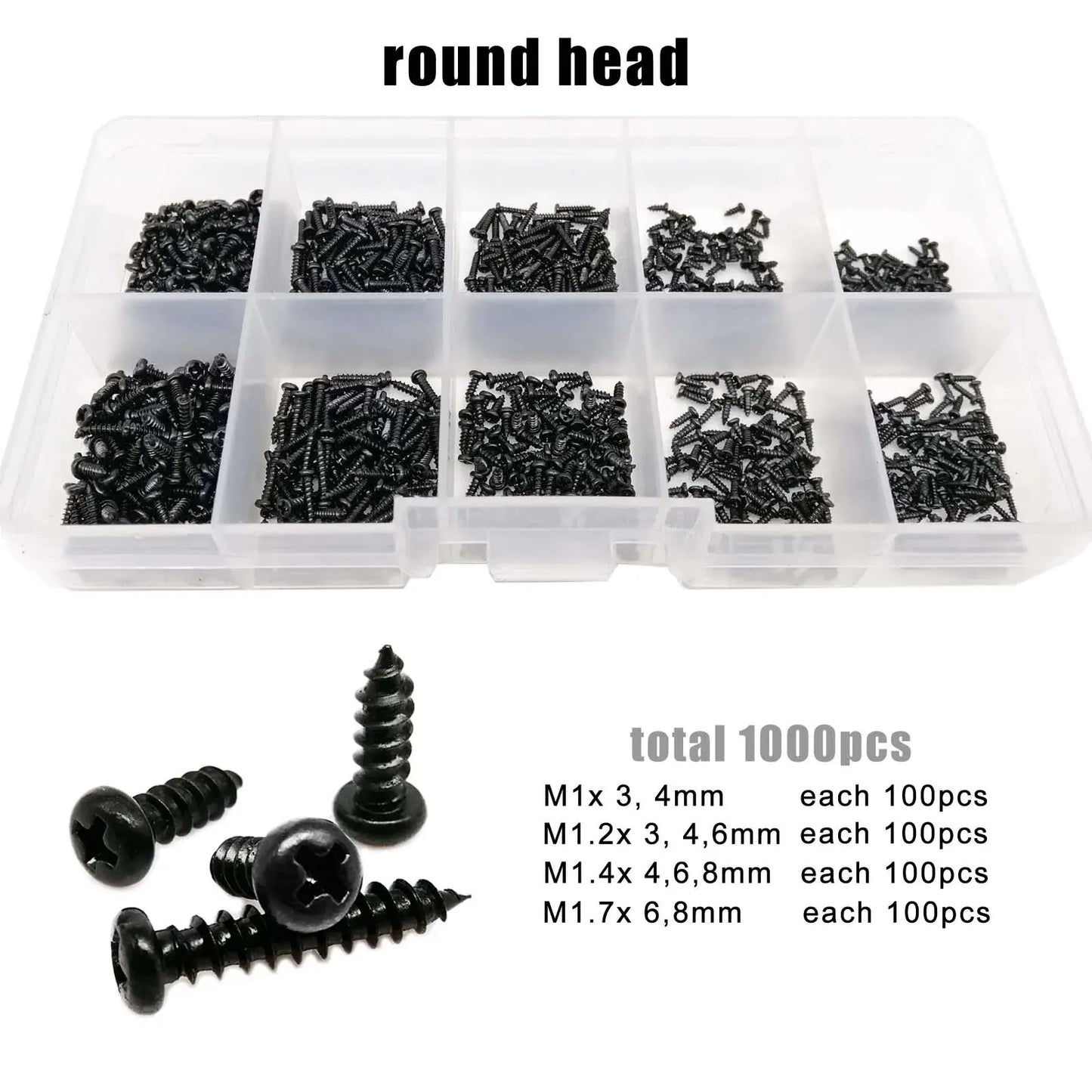 1000pcs Mini Micro Small Tapping Wood Screw Set Kit for Toy Car Electronic Products Glasses Phone M1 M1.2 M1.4 M1.7 Black Steel