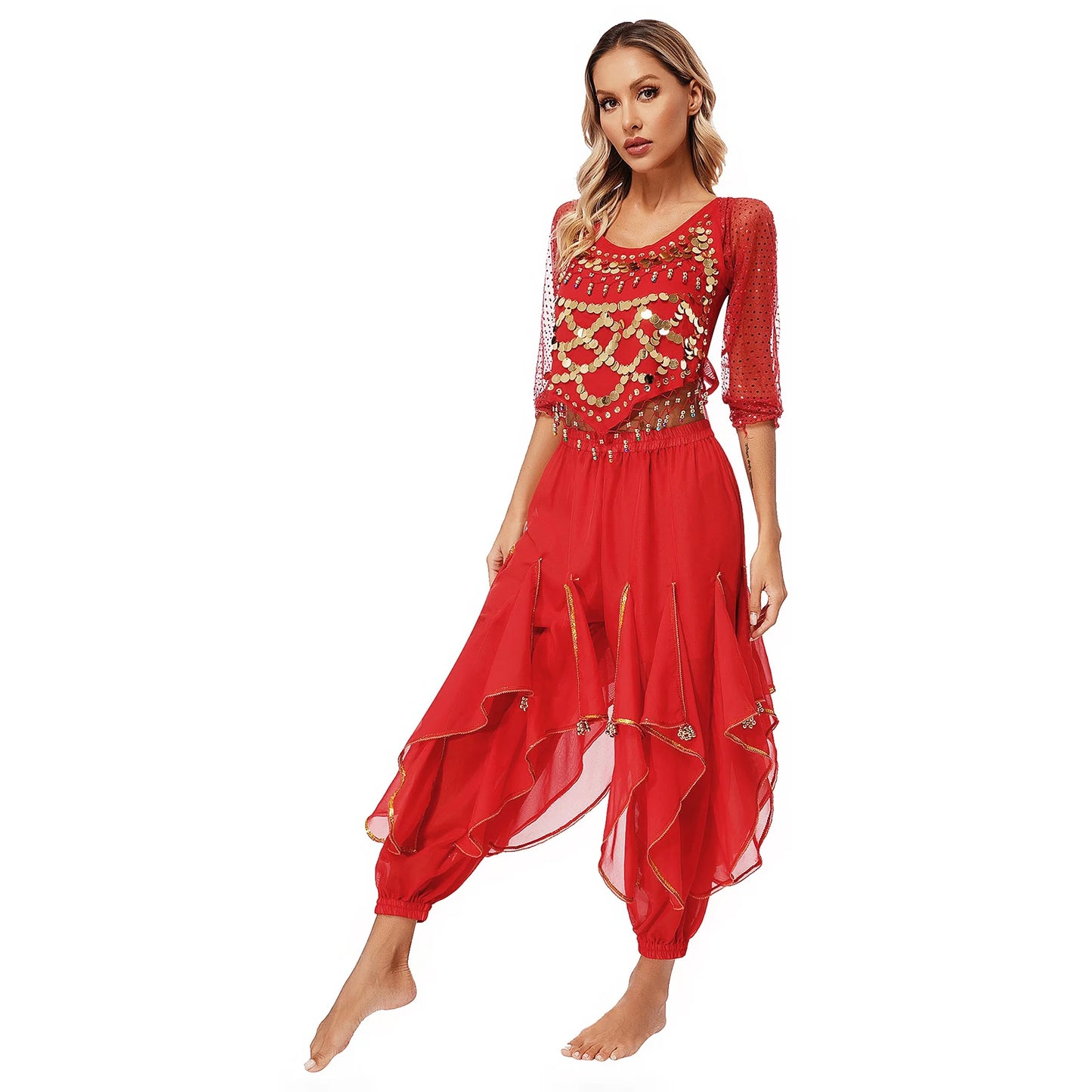 Womens Indian Belly Dance Performance Costume Sequined Long Sleeve Chiffon Tops Self-tie Back Irregular Hem Crop Top with Pants