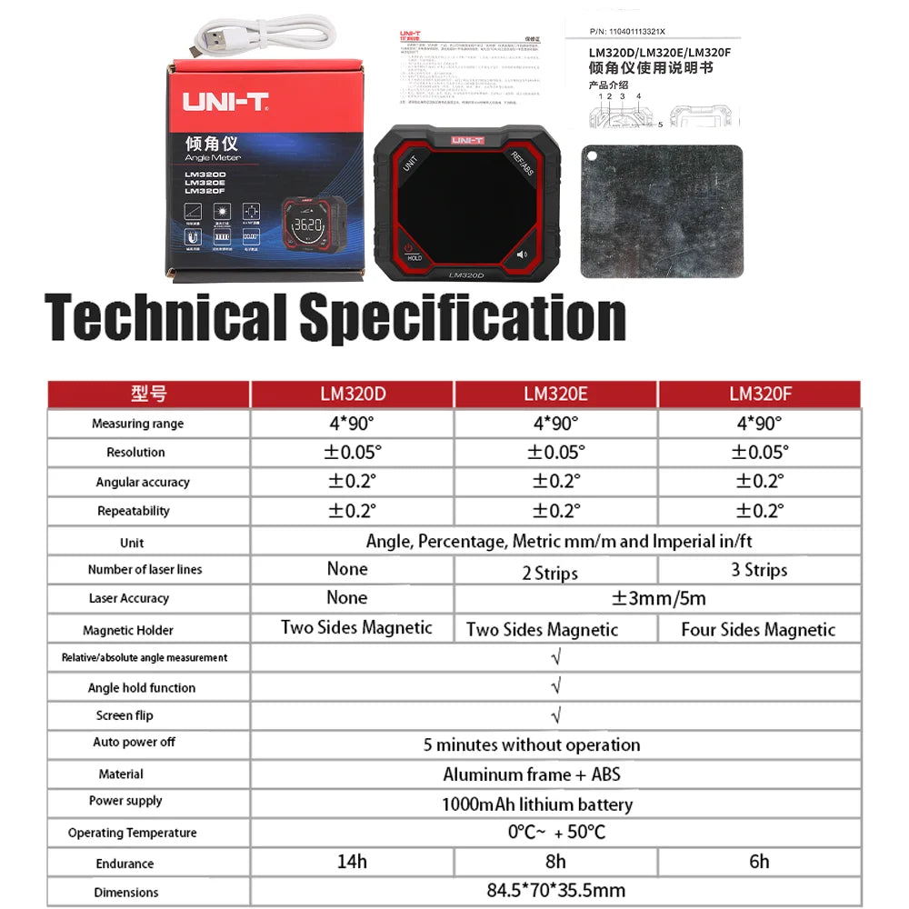 UNI-T LM320D LM320E LM320F Laser Inclinometer Digital Angel Meter with Absolute Relative Angle Measurement Magnetic Inclinometer
