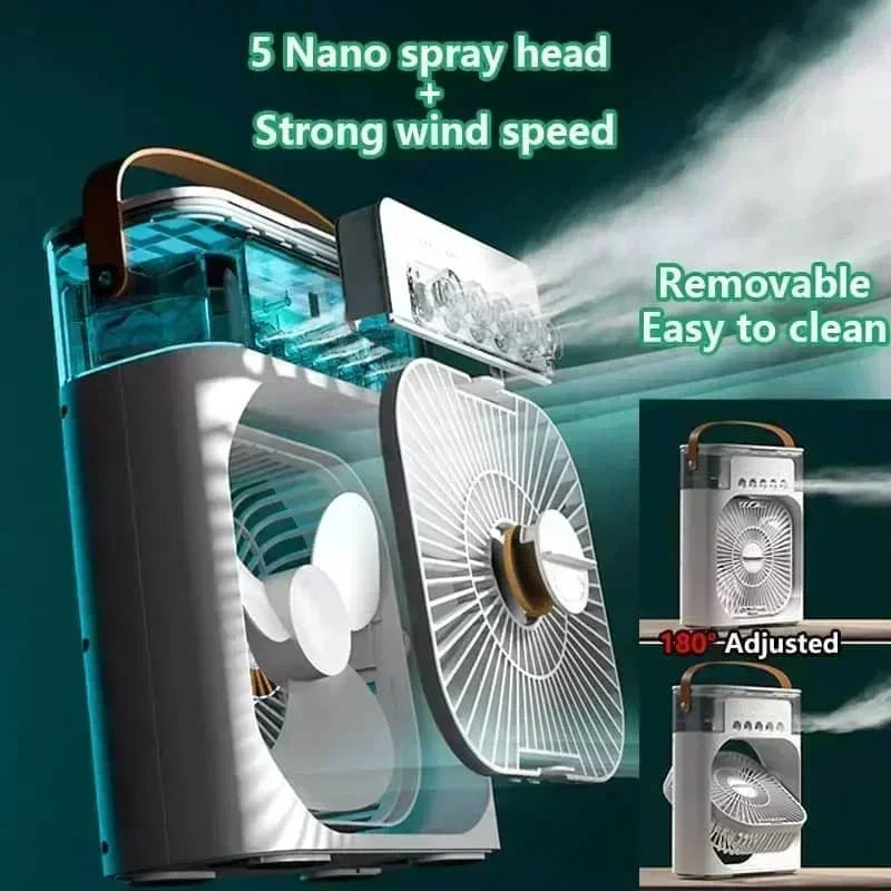3 in 1 Mini Portable Cooling Fan with USB Charging Water Mist Air Conditioner LED Night Light for Home Office Desk Humidifier