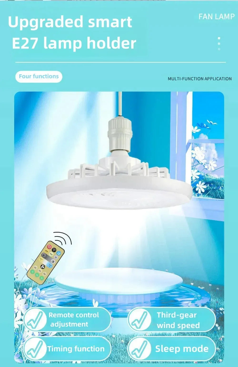 2 in1 Ceiling Fan with Remote Control Lighting Lamp E27 Converter Base Lighting Base Bedroom Living Room