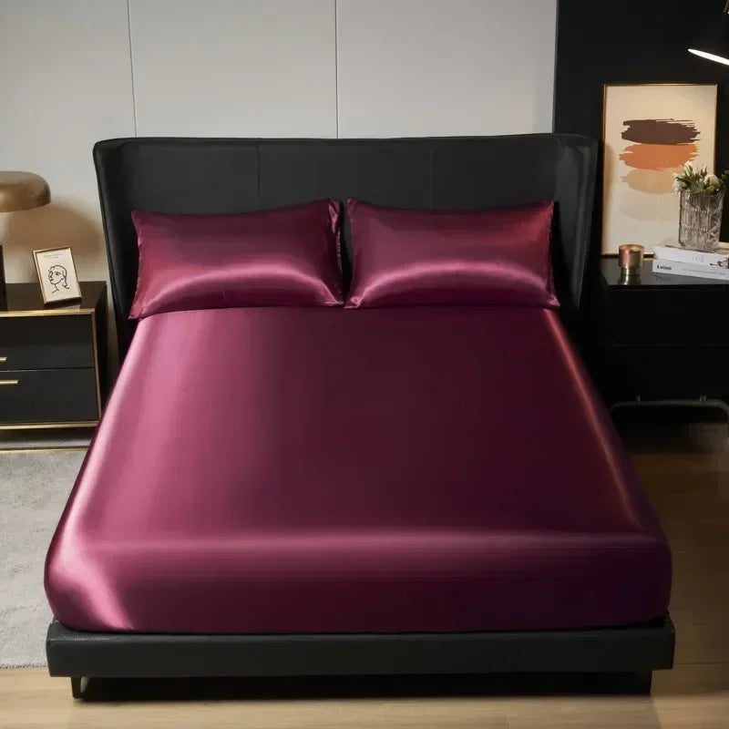 Solid Color Satin Surface Fitted Sheet 1PC Queen Size Bed Sheets 100/120/150/180/200cm Sheet with Elastic Band (No Pillowcase)