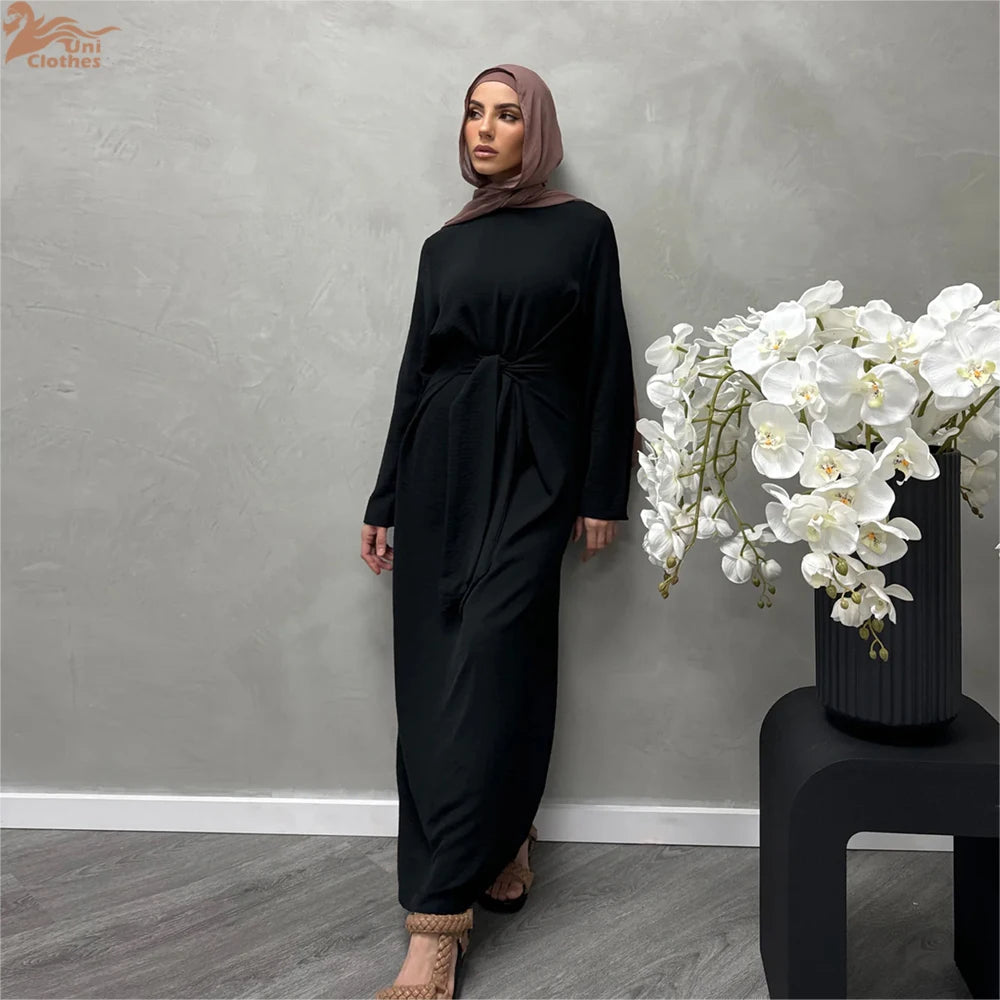 Uni Elegant Ramadan Muslim Modest Dress For Women Eid Arabic Turkey Kaftan Dresses femme Plain Abaya Dubai Islamic Clothing