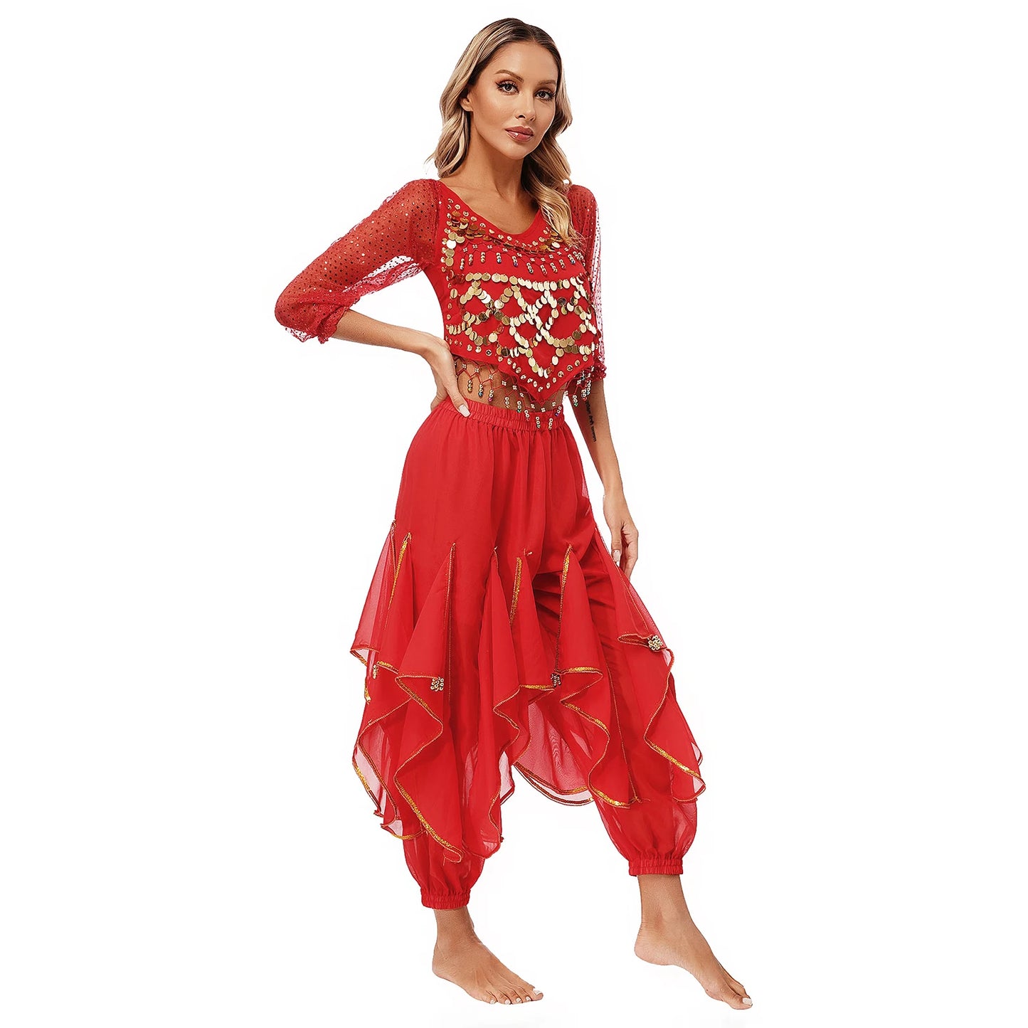 Womens Indian Belly Dance Performance Costume Sequined Long Sleeve Chiffon Tops Self-tie Back Irregular Hem Crop Top with Pants