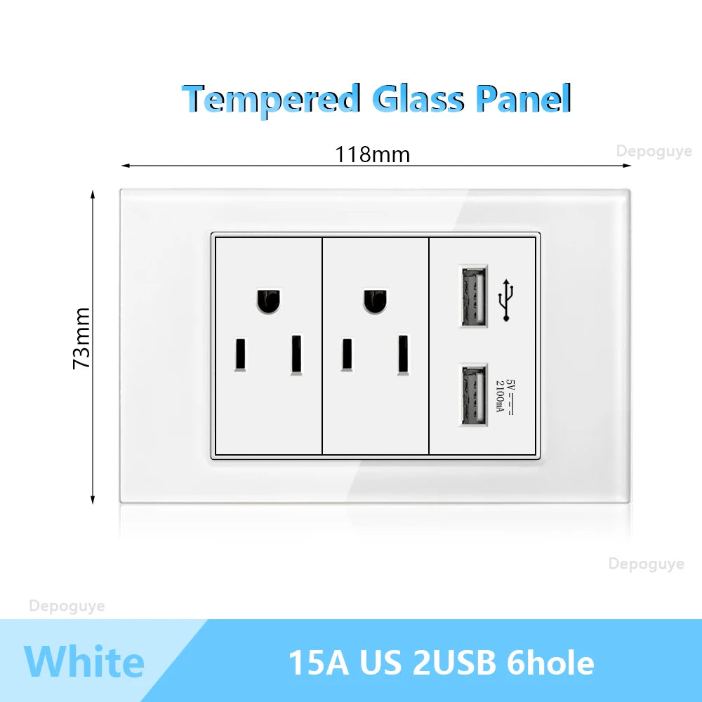 US Wall Switch Power Socket with USB Type-c Quick Charger,American Mexico White Tempered Glass Plug Outlet,Light Switch Panel